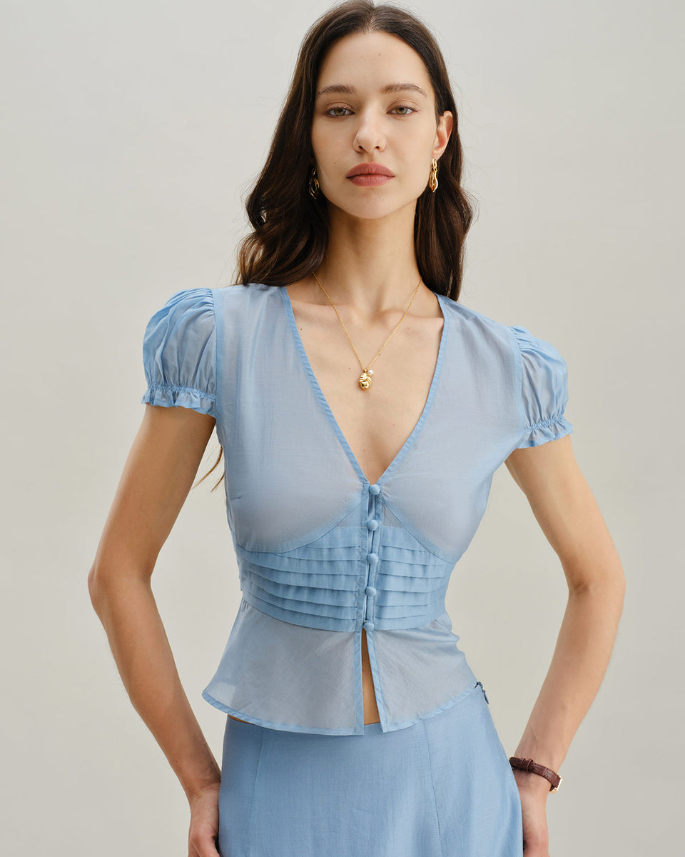 Blue Deep V Neck Short Sleeve Blouse & Reviews - Blue - Tops | RIHOAS