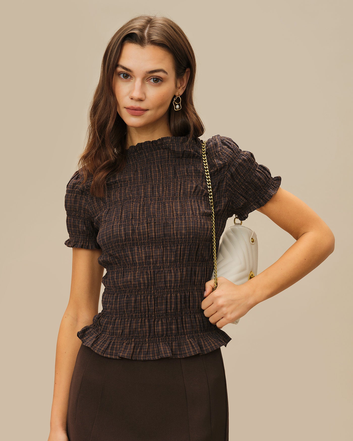 Women's Woven Polyester Blouse Coffee Tops - RIHOAS