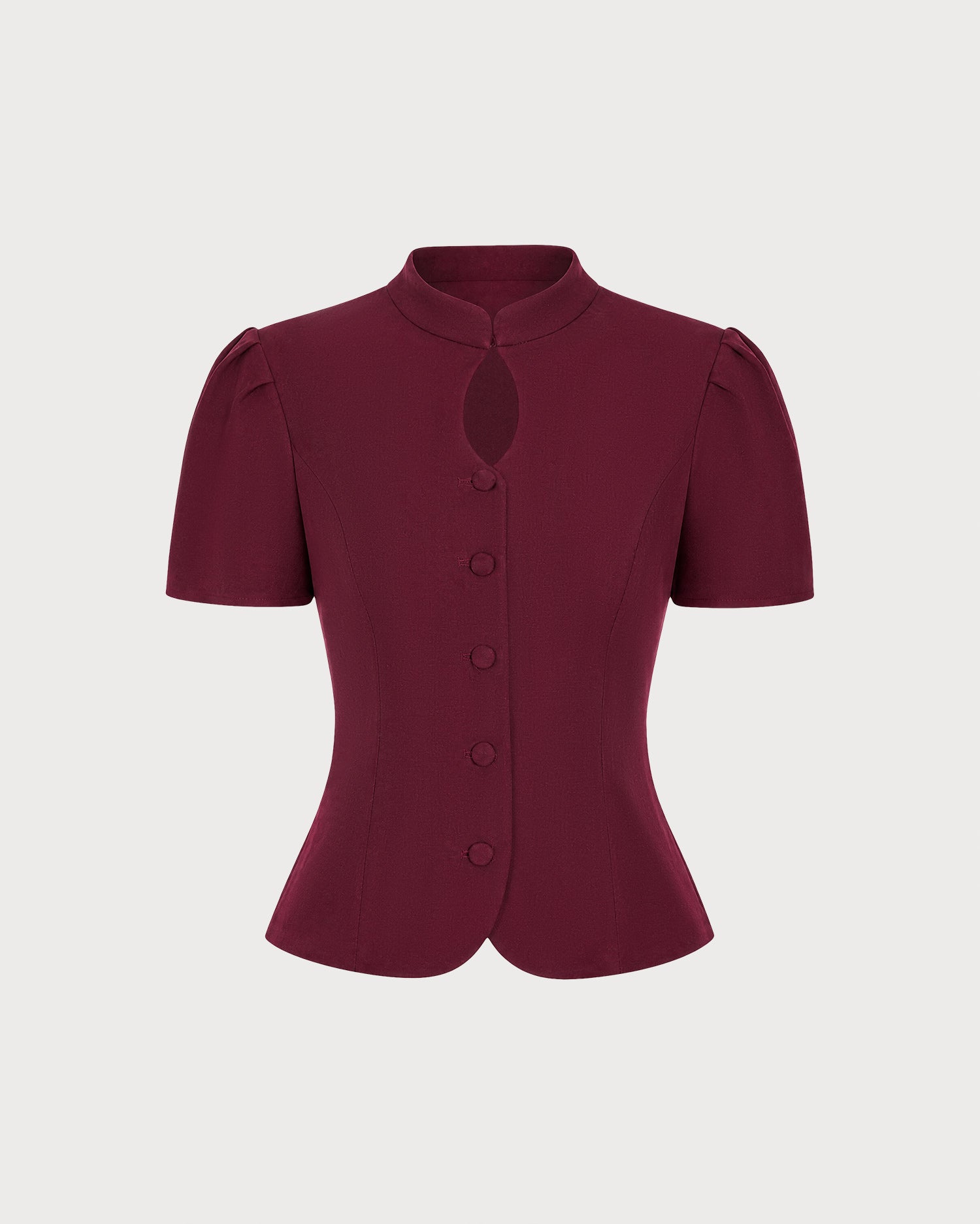 Wine Red Puffed Sleeve Button Blouse 03