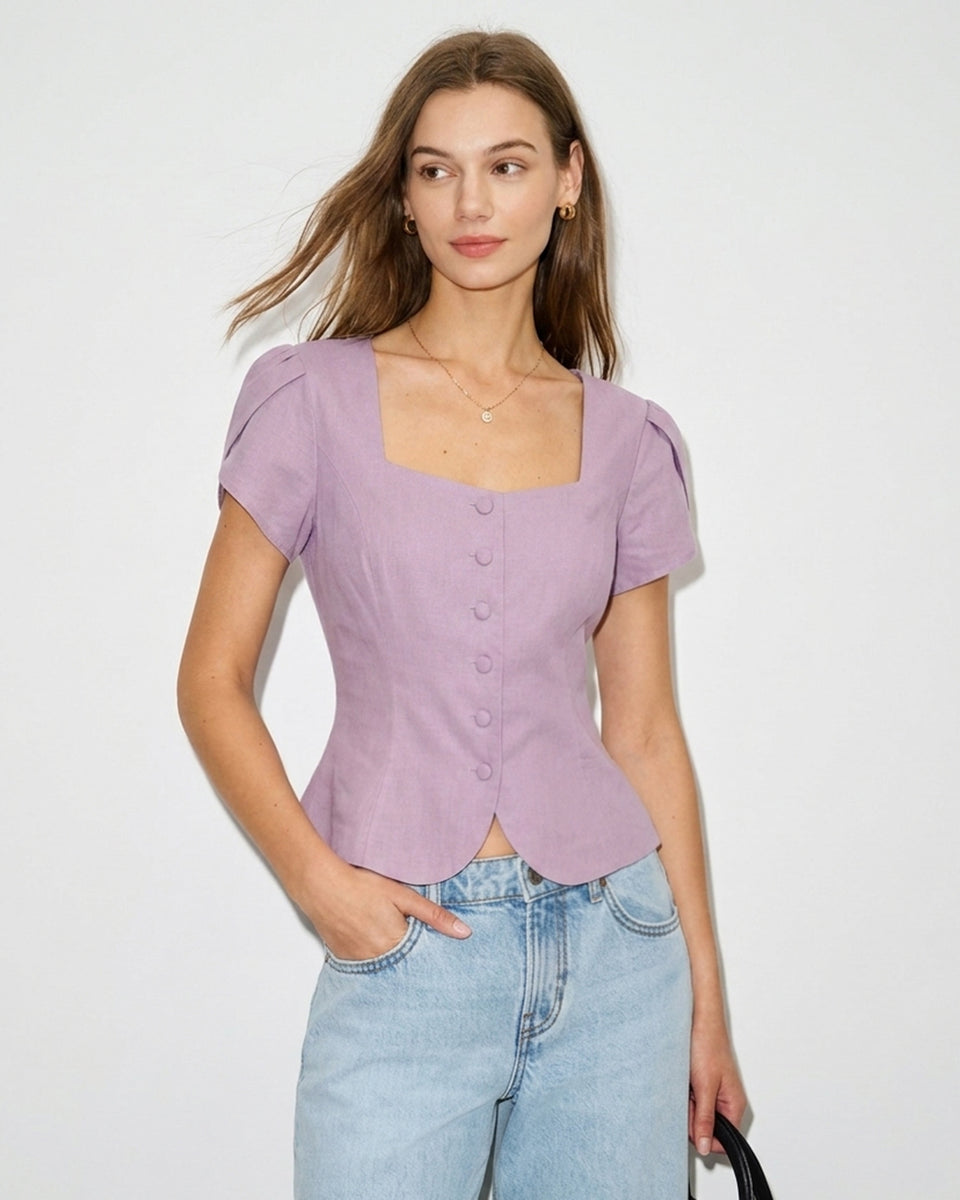 Purple Square Neck Petal Sleeve Blouse & Reviews - Purple - Tops