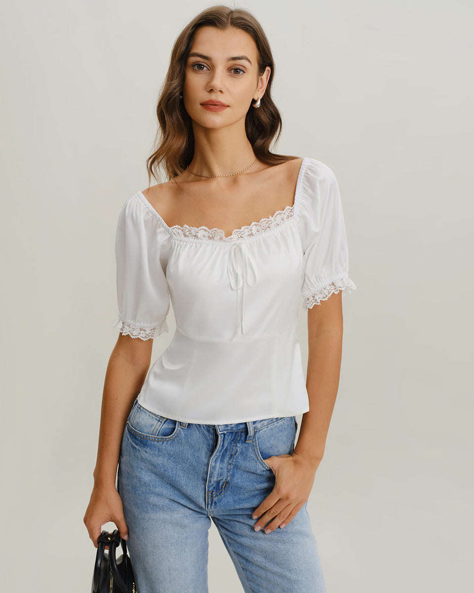 White Square Neck Lace Satin Blouse & Reviews - White - Tops | RIHOAS