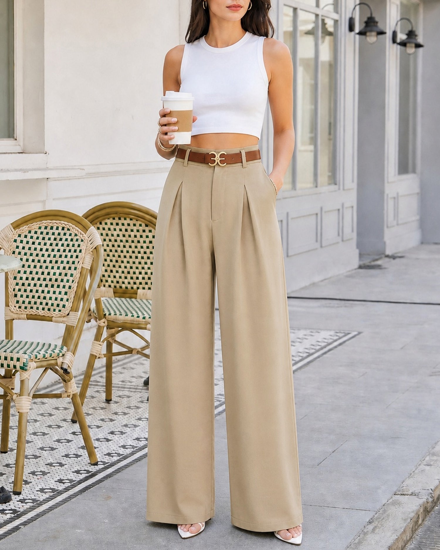 Khaki Belt Pockets Straight Pants Khaki - RIHOAS