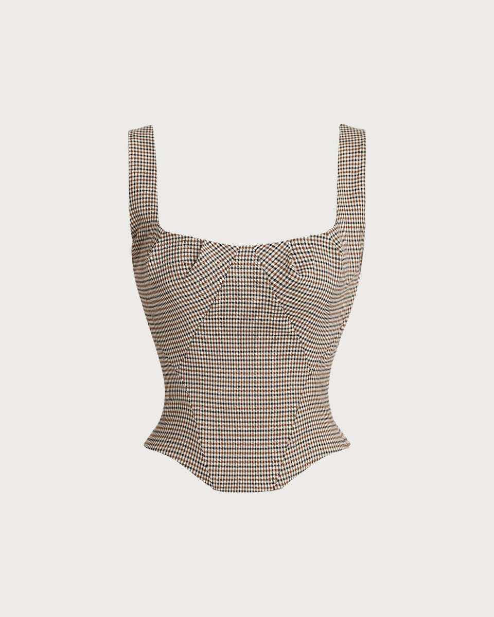 Brown Plaid Square Neck Cami Top & Reviews - Brown - Tops