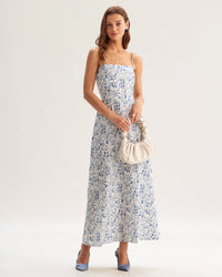 Women's Woven Polyester Long Dress Blue Dresses - RIHOAS