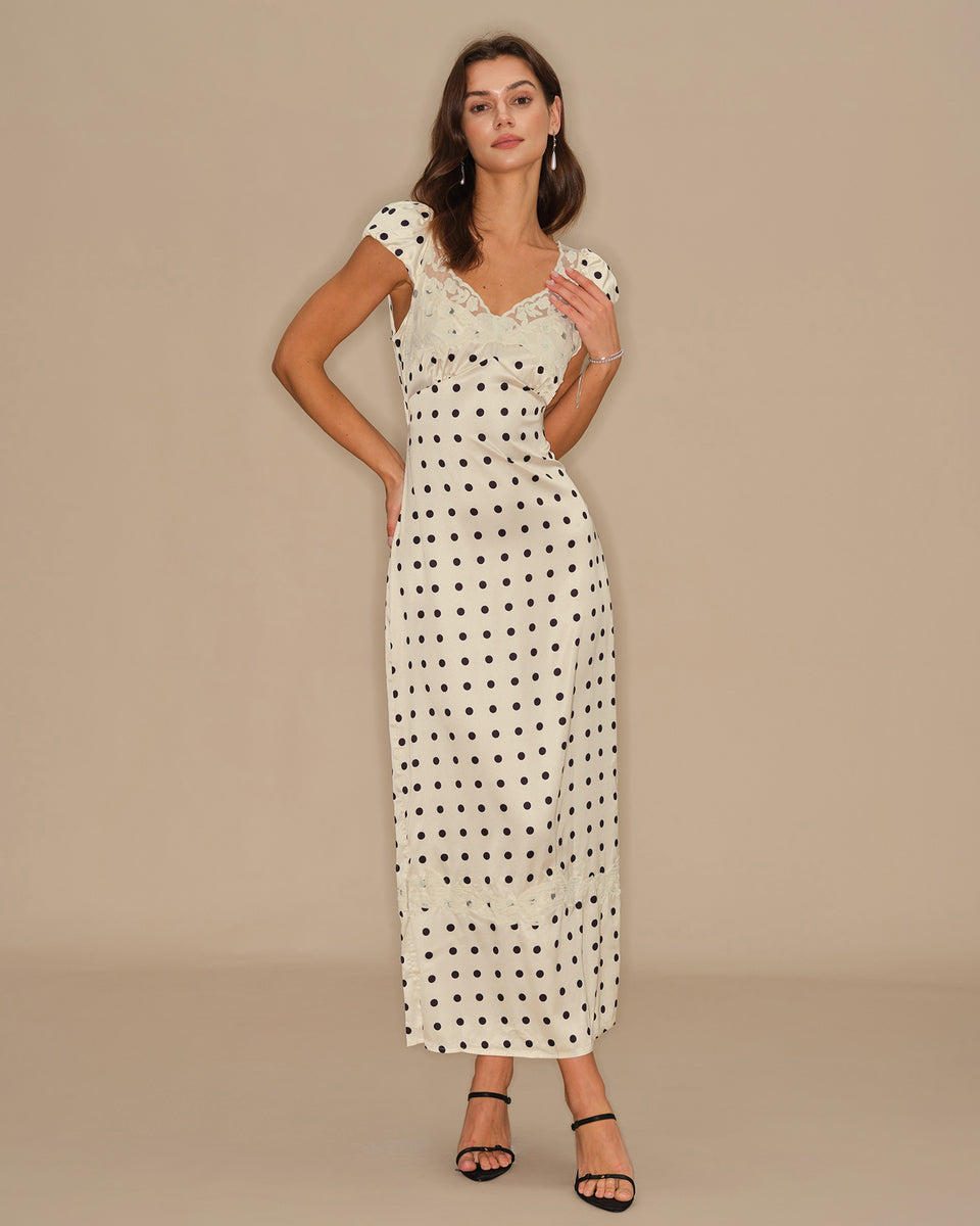 Rihoas Polka Dot Satin Slip Maxi Dress | Lace Trim V-Neck Cap Sleeve | Summer, Wedding Guest, Date, Apricot / US|6