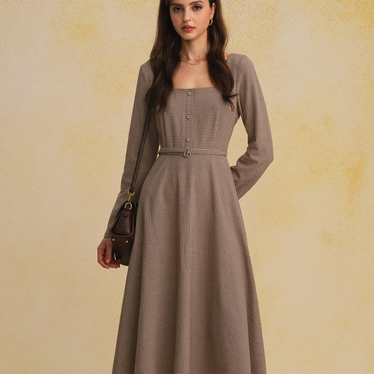 gingham long sleeve dress Brown Square Neck Belted Maxi & Reviews - Brown - Dresses As such Ladies Dresses Work Tunic attribute:pattern:print-with-animals Length:XXL