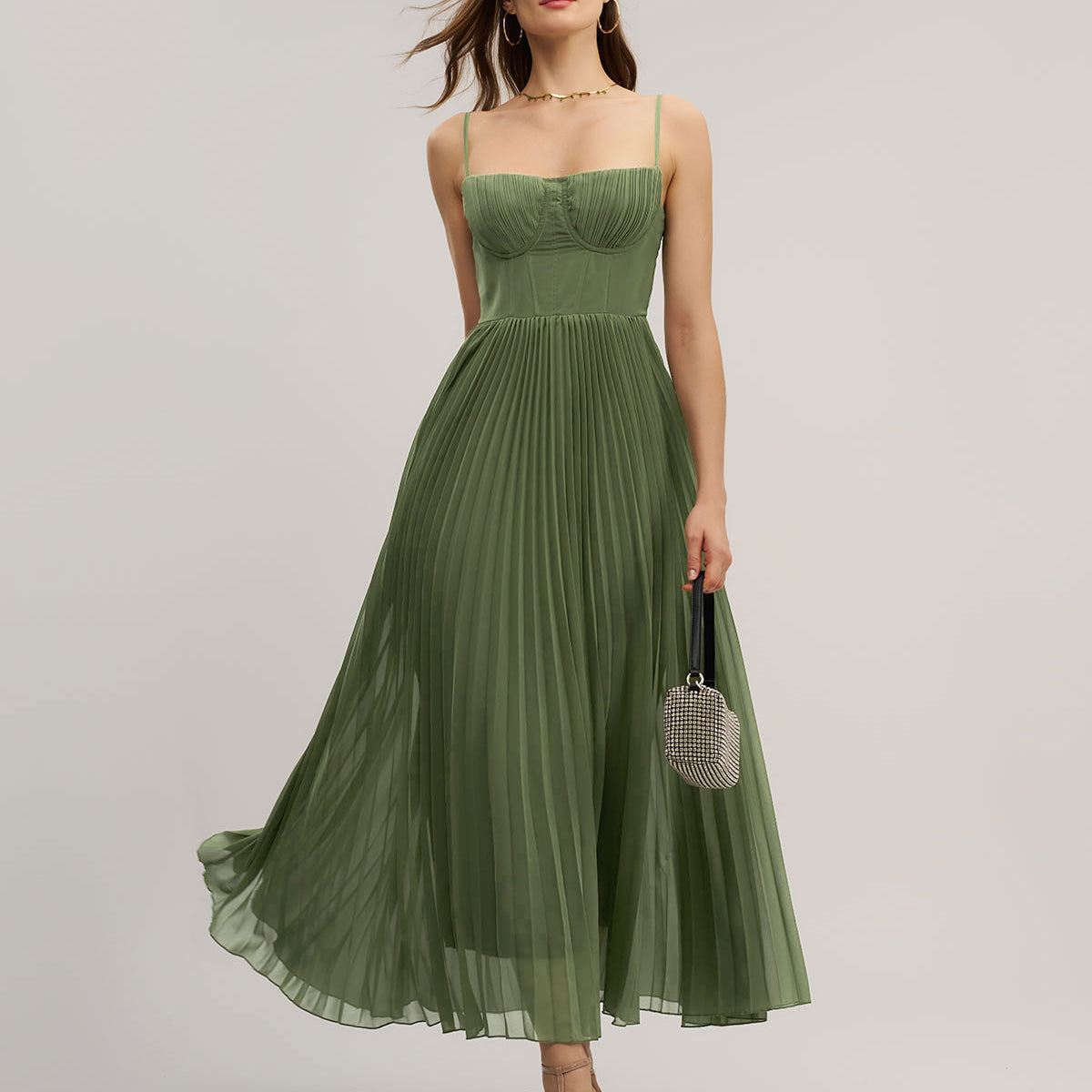 lime woven pleated hem detail spaghetti maxi dress PrettyLittleThing Women's Woven Pleated Hem Detail Spaghetti Maxi Dress in Lime Green