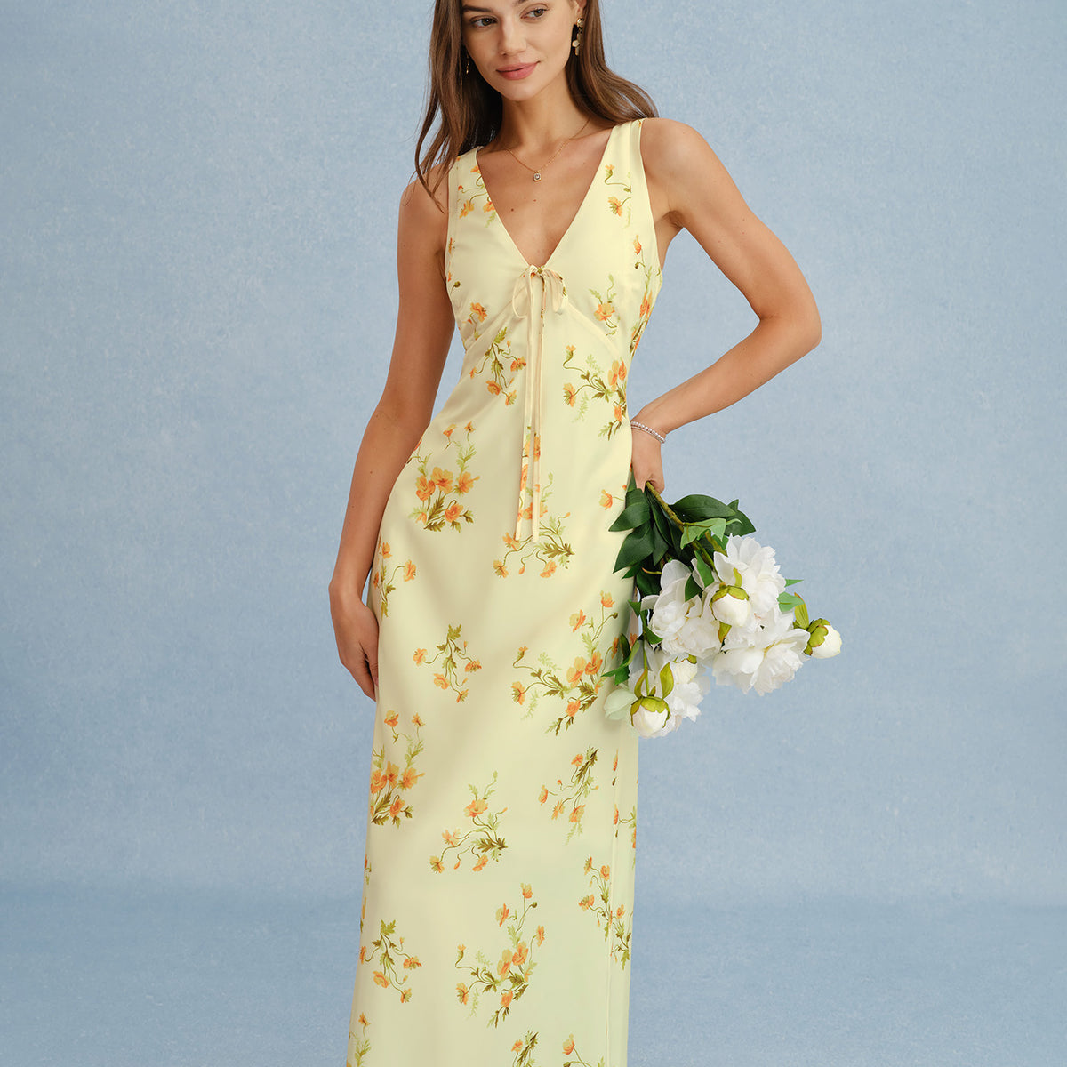 Yellow V Neck Floral Chiffon Maxi Dress & Reviews - Yellow - Dresses