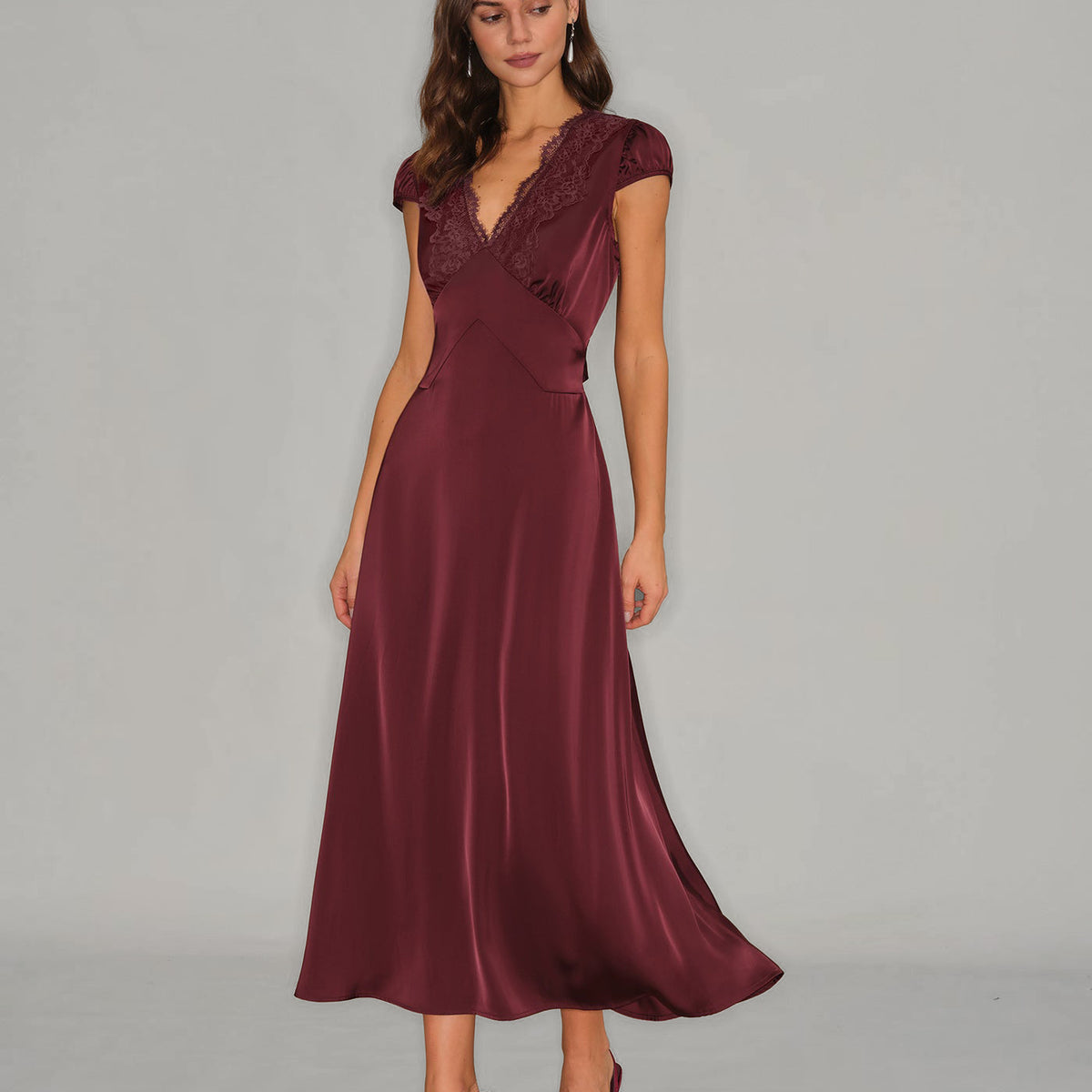 red lace v neck dress Deep V-Neck Red Prom Party GownsFloral Lace Appliques Split Front Party Dress