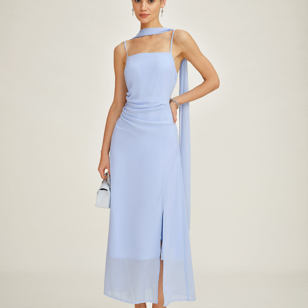 pale blue velvet dress One Shoulder Cowl Neck Maxi Rihoas Chiffon Cowl-Neck Maxi Dress Elegant fabric covered buttons on the bust Late 1950's Turquoise Pale Aqua