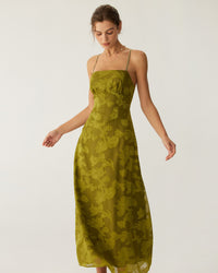 Green Floral Ruched Backless Slip Maxi Dress