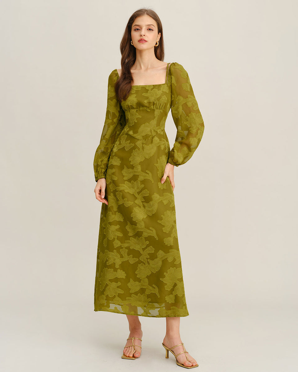 Green Floral Square Neck A-Line Maxi Dress & Reviews - Green