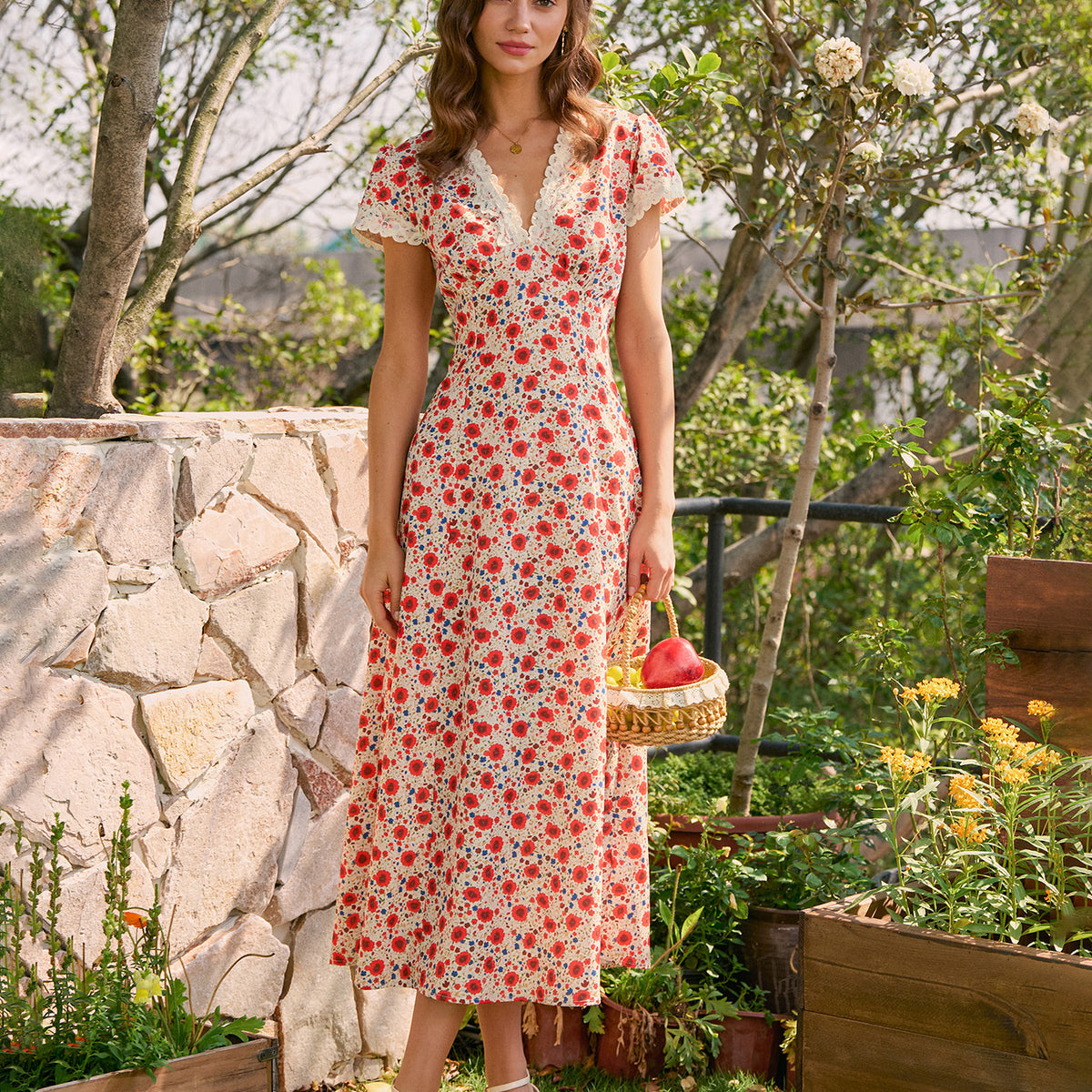 Red V Neck Lace Floral Maxi Dress & Reviews - Red - Dresses
