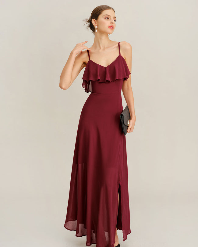 Women's Woven Polyester Maxi Dress Wine Red Dresses - RIHOAS