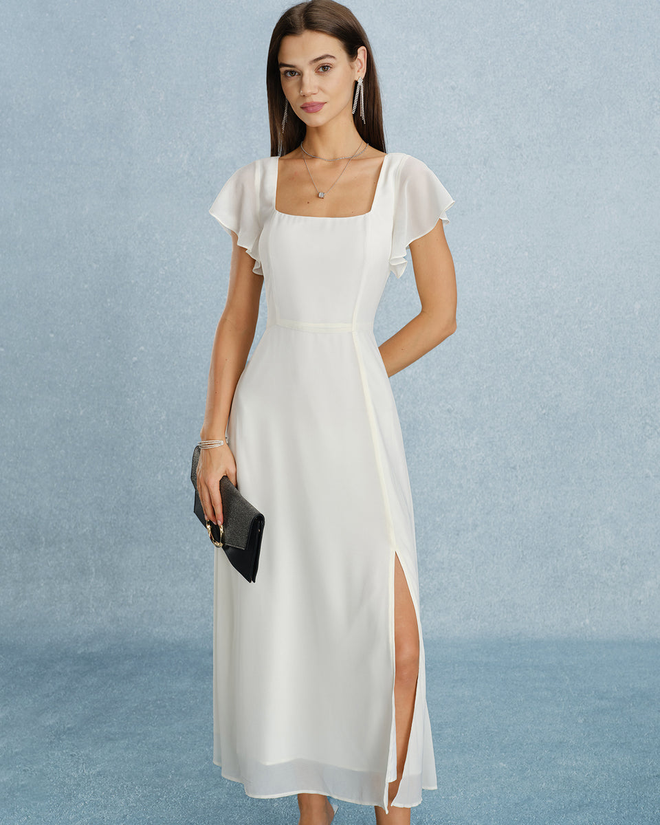 square neck maxi dress Beige Square Neck Slit Chiffon Maxi Dress & Reviews - Beige - Dresses