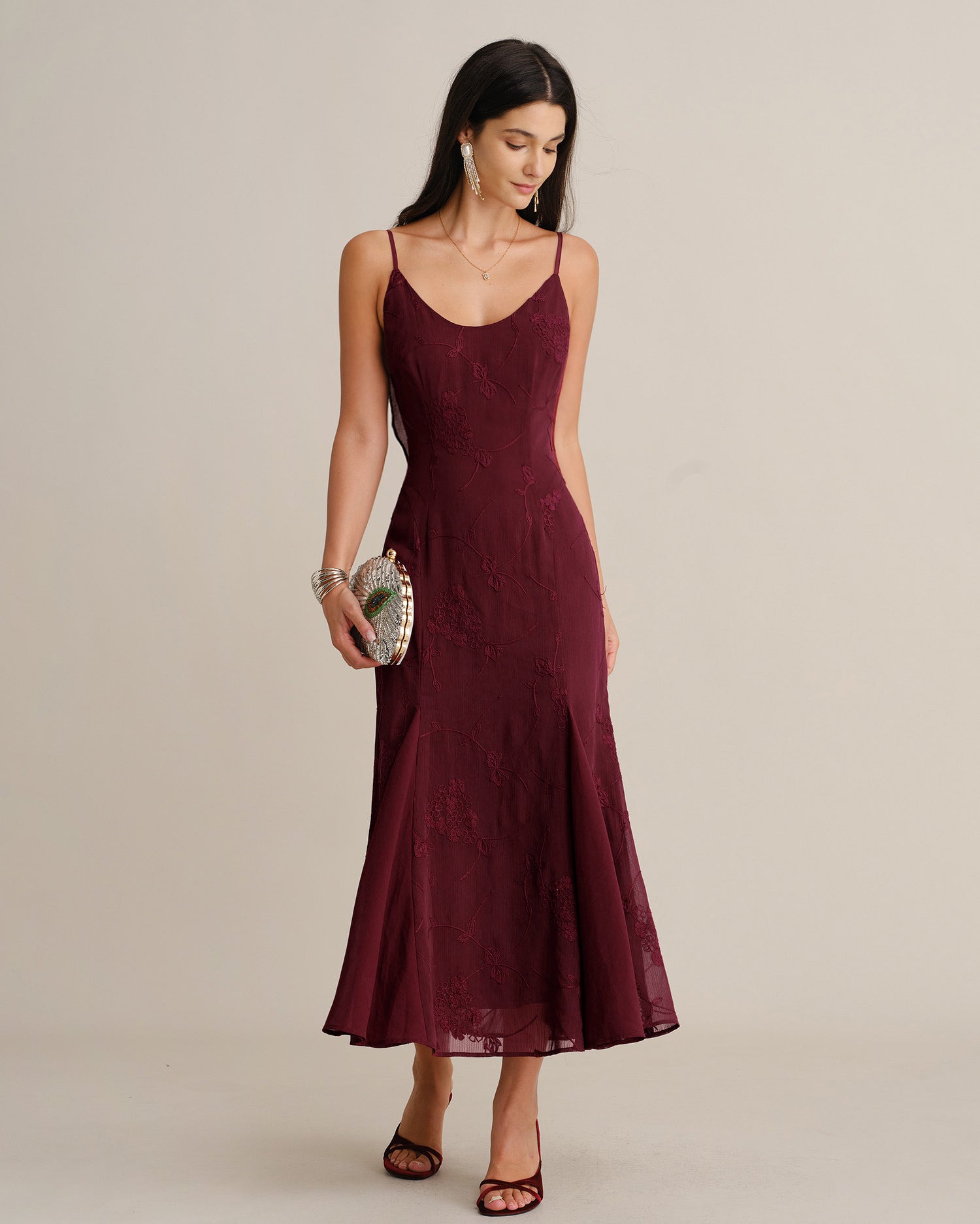 Women's Woven Polyester Maxi Dresses Wine Red - RIHOAS