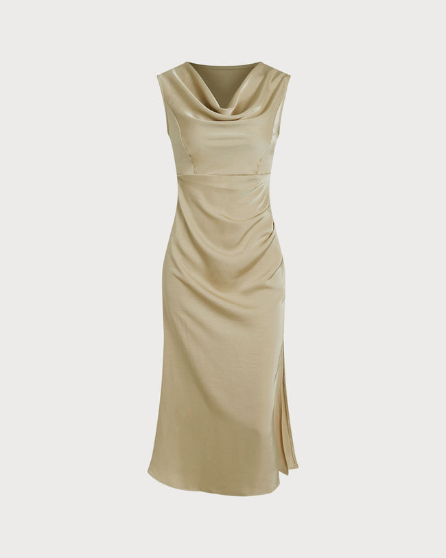 Women's Woven Polyester Midi Dress Apricot Dresses - RIHOAS