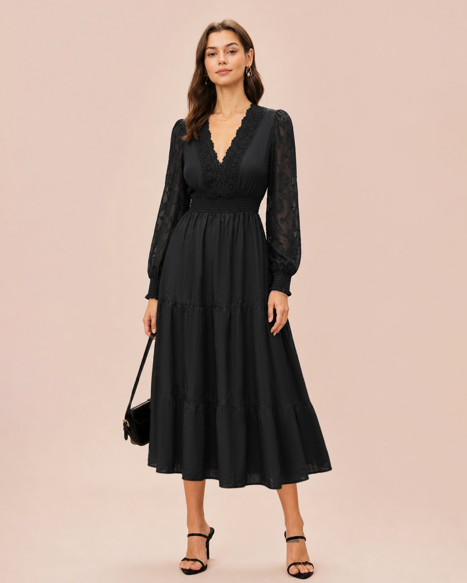 Women's Woven Polyester Midi Dress Black - RIHOAS