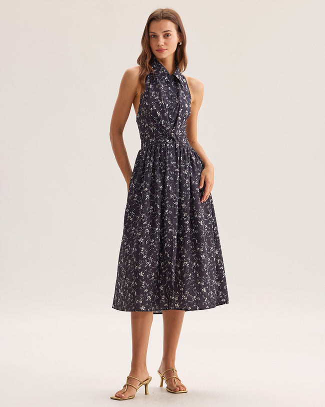 Women's Woven Polyester Midi Dress Black Dresses - RIHOAS