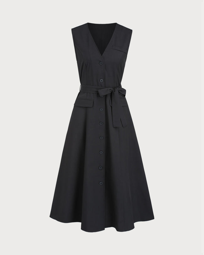 Women's Woven Polyester Midi Dress Black Dresses - RIHOAS