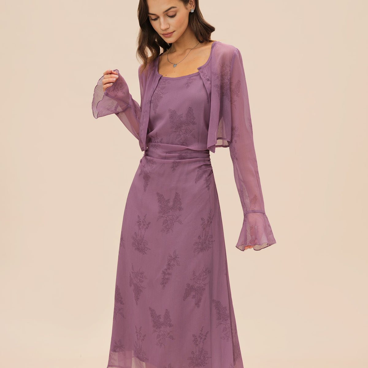 rihoas purple floral ruffle tie strap midi dress Purple Flowers Ruffle Slip Midi Dress