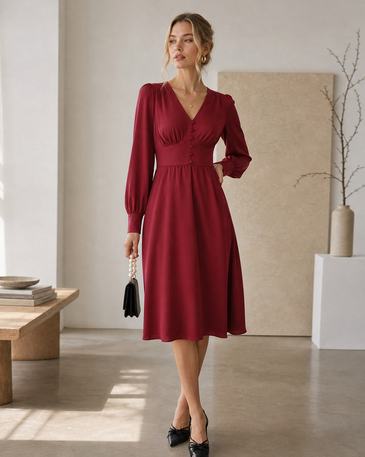 Women's Woven Polyester Midi Dress - RIHOAS