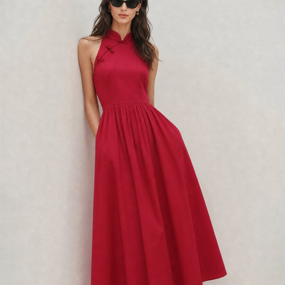 red white collar dress Mandarin Pockets Midi & Reviews - Red - Dresses Pack Sizes|One Size Evening Cover Ups - perfect for everyday wearing Height:8'