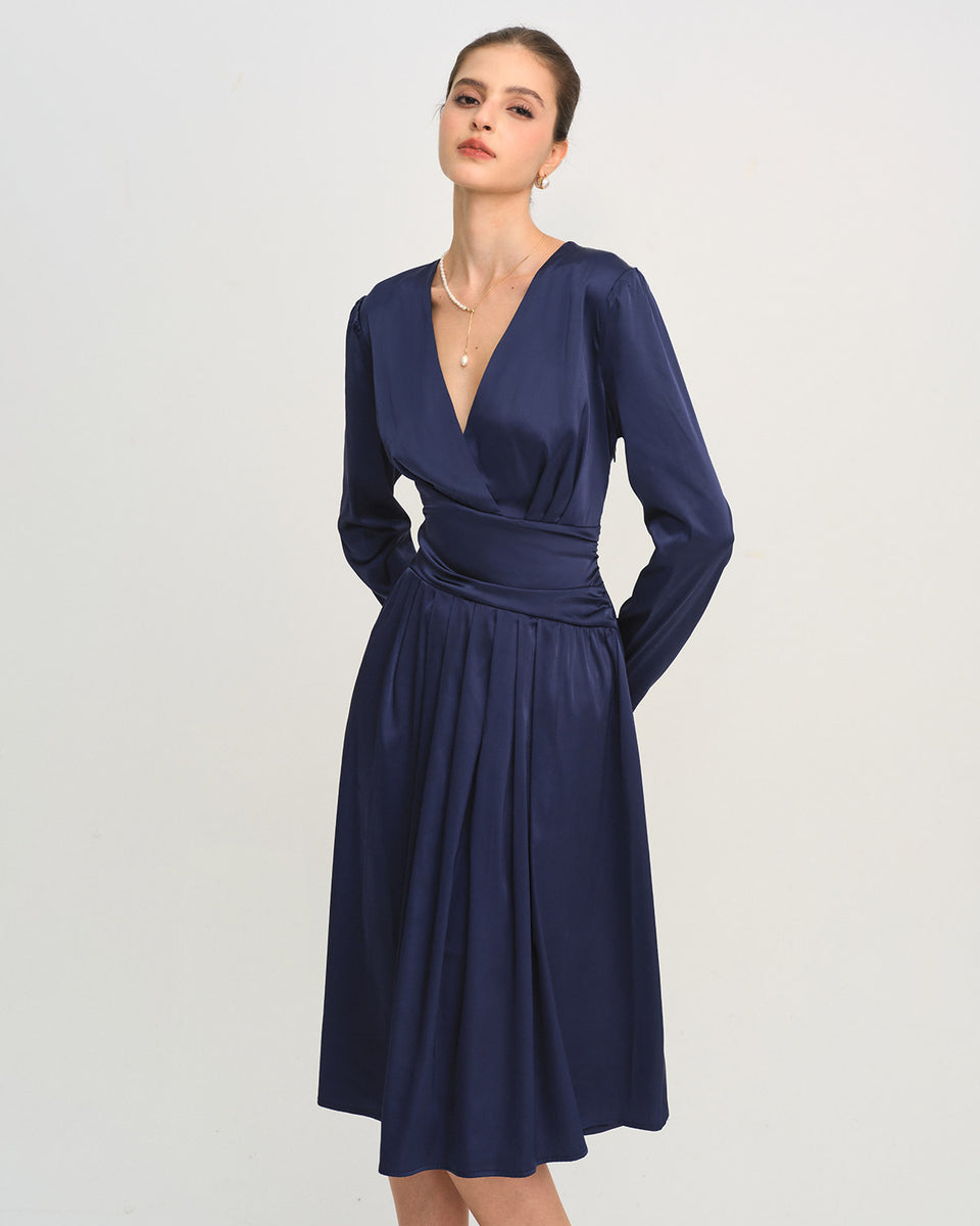 long sleeve blue dress midi Blue V Neck Pleated Midi Dress & Reviews - Blue - Dresses
