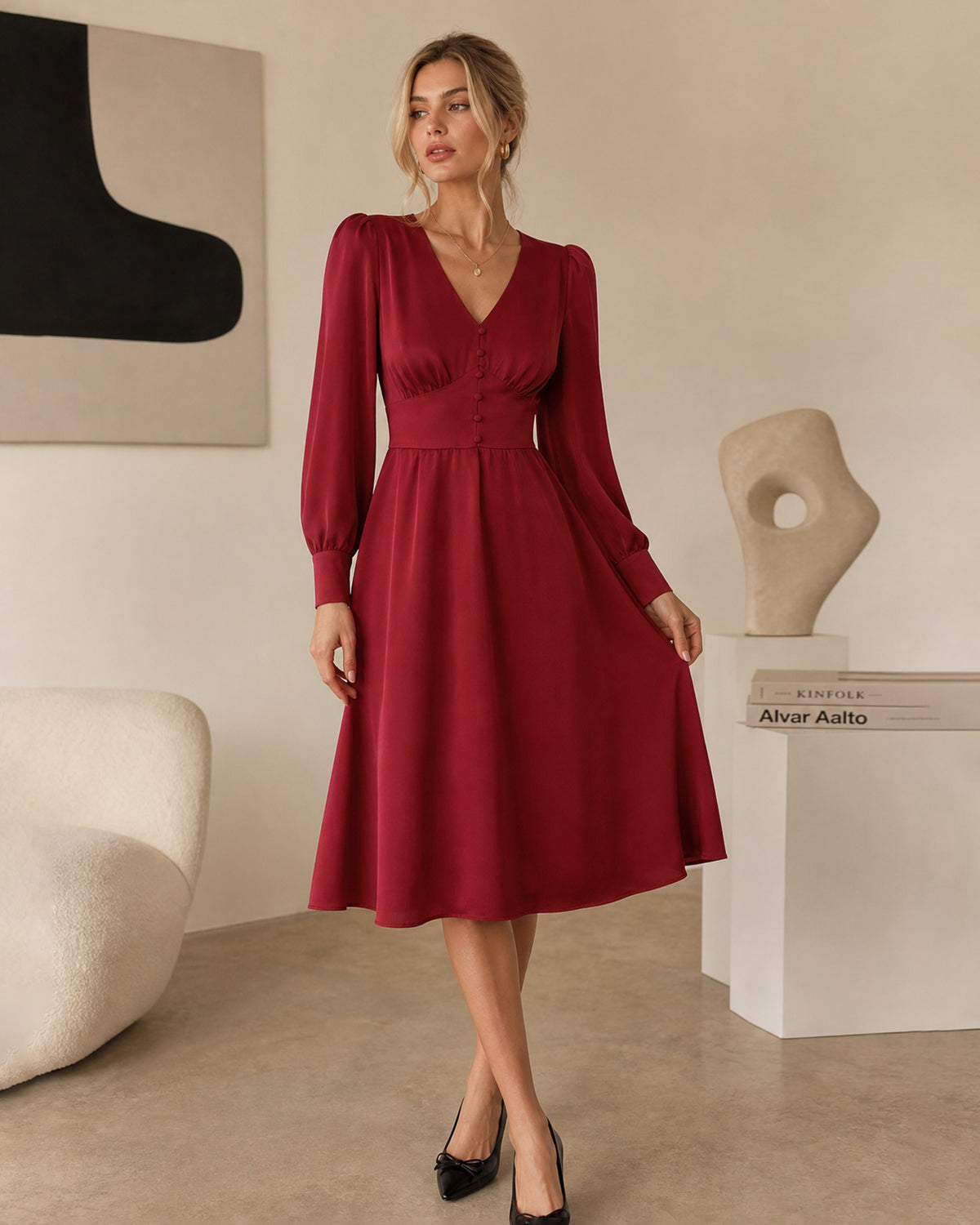 Women's Woven Polyester Midi Dress - RIHOAS