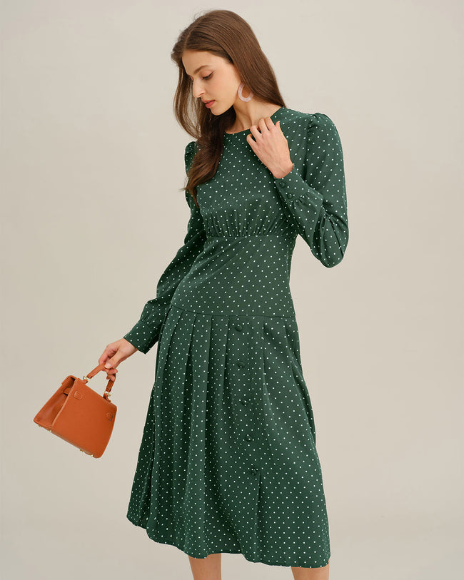 Women's Woven Polyester Midi Dress Green Dresses - RIHOAS
