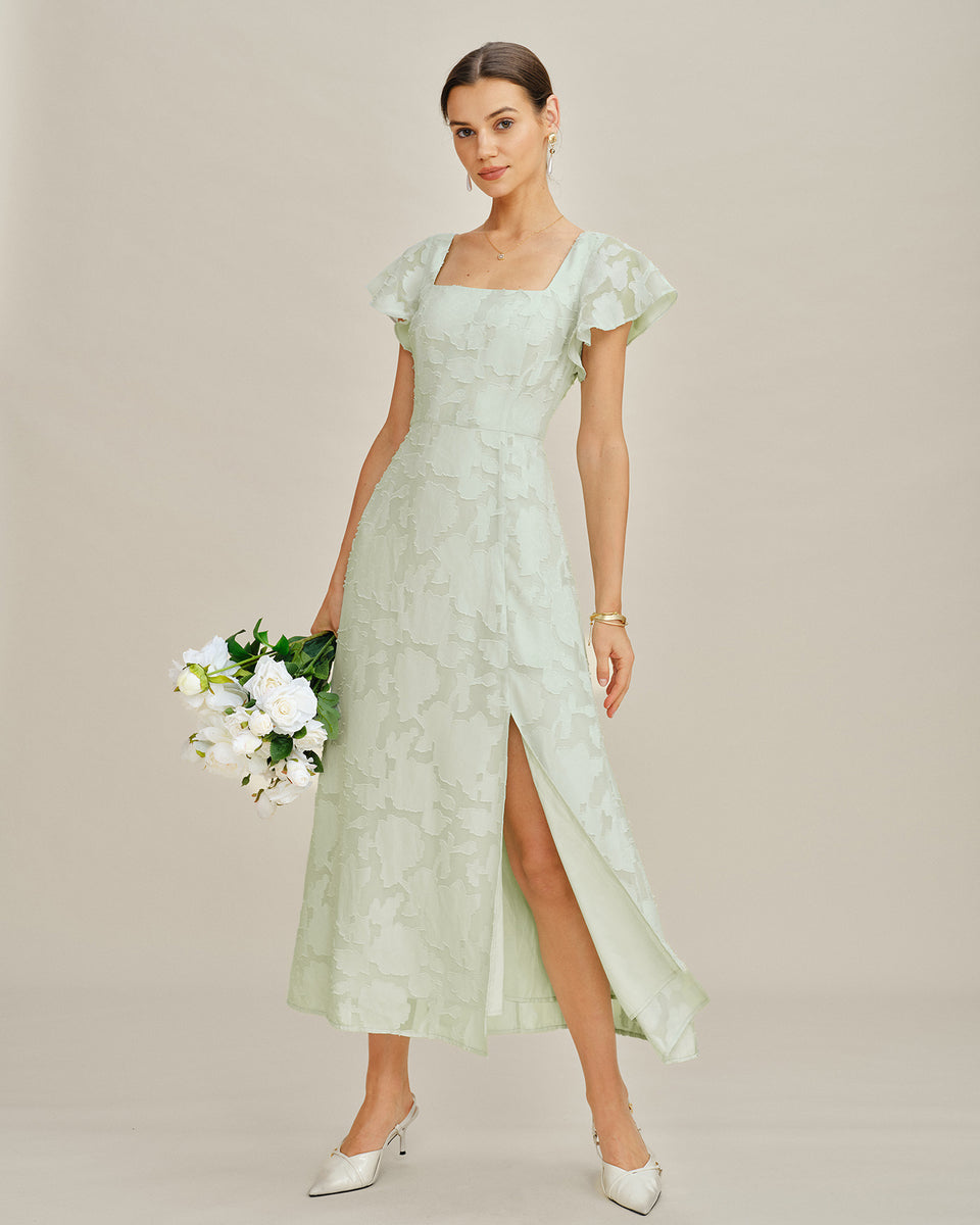 Green Square Neck Floral Textured Midi Dress & Reviews - Green - Dresses | RIHOAS Green Square Neck Floral Textured Midi Dress & Reviews - Green - Dresses | RIHOAS
