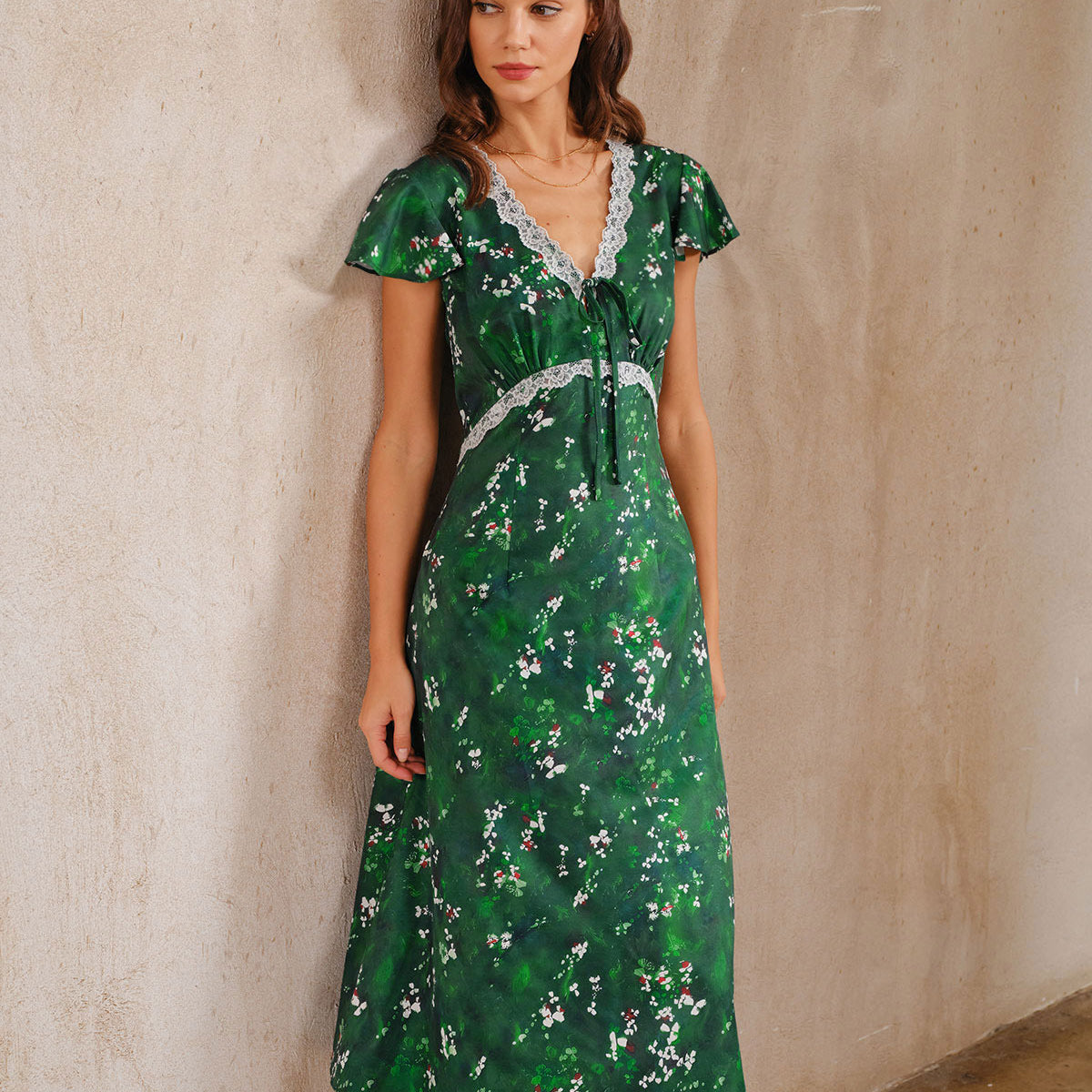 rihoas green dress Floral V Neck Ruched Midi & Reviews - Green - Dresses model-photo Dresses Length Black Sparkle And Sequin Color:Misty Harbor Stripe