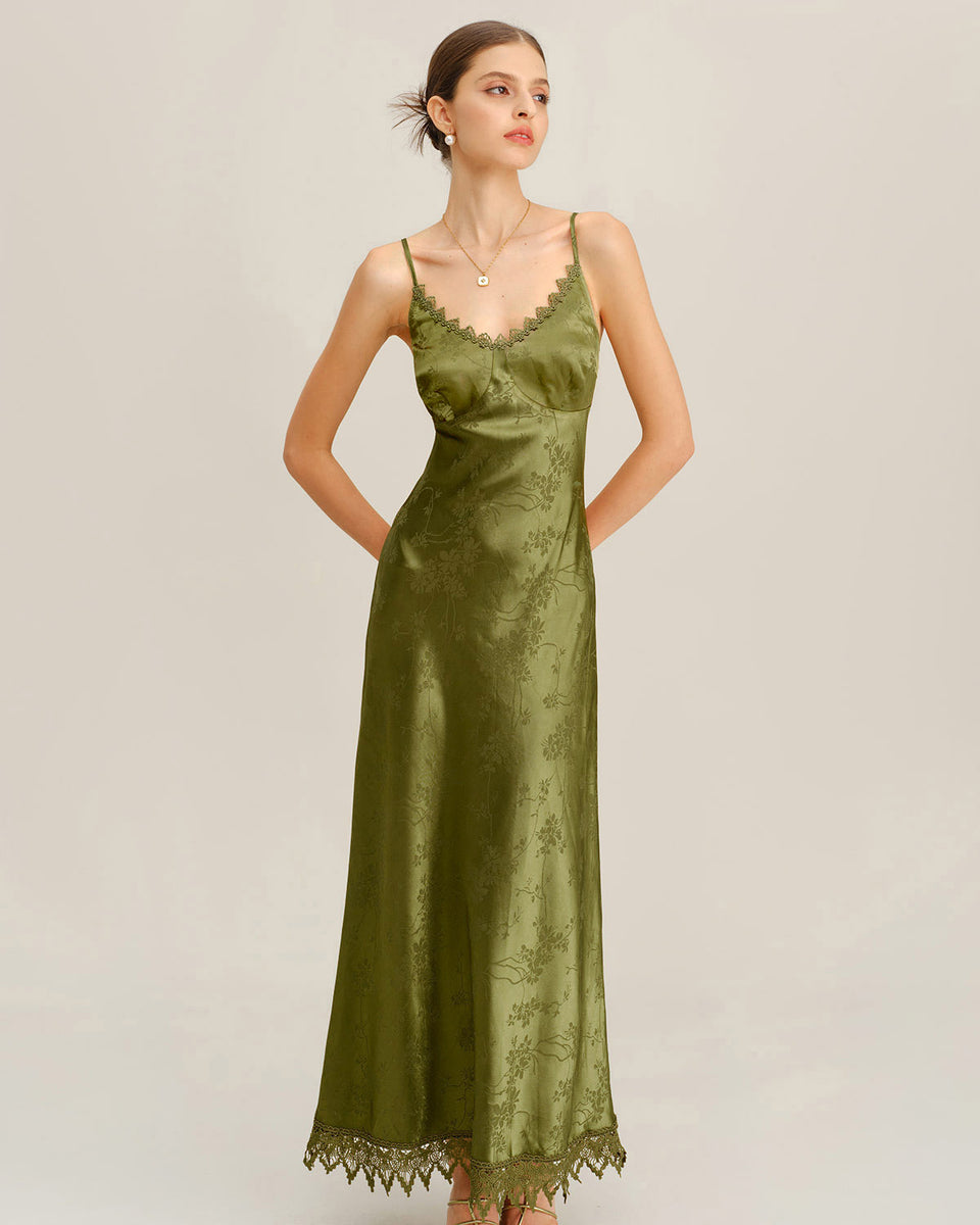 knee length dresses for ladies Stolen Stores Swan Maxi Slip Lace Dress in Dusty Green main image 1