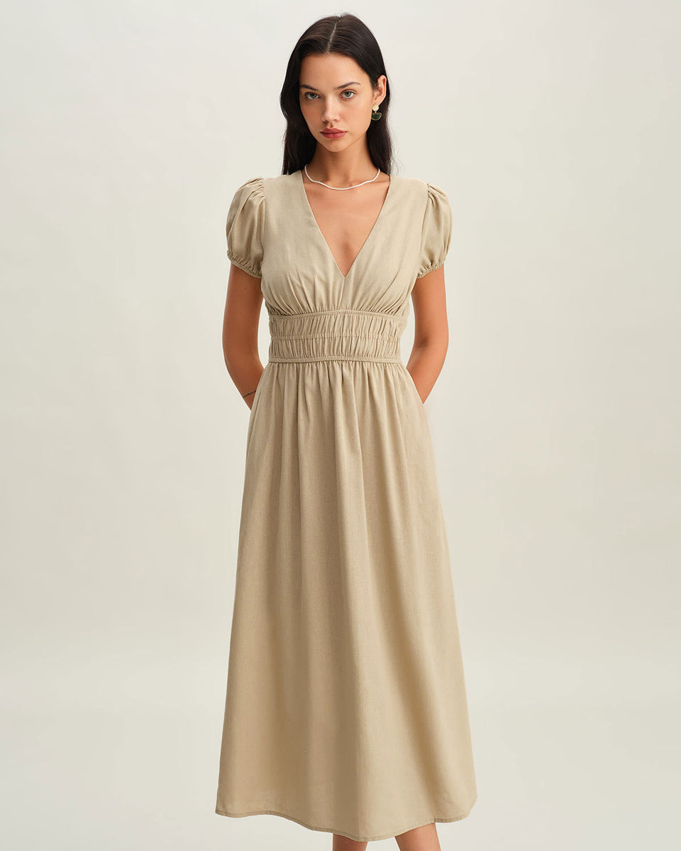 Beige Ruched Puffed Sleeve Midi Dress & Reviews - Beige