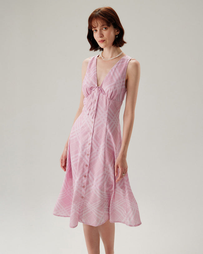 Women's Woven Polyester Midi Dress Pink Dresses - RIHOAS