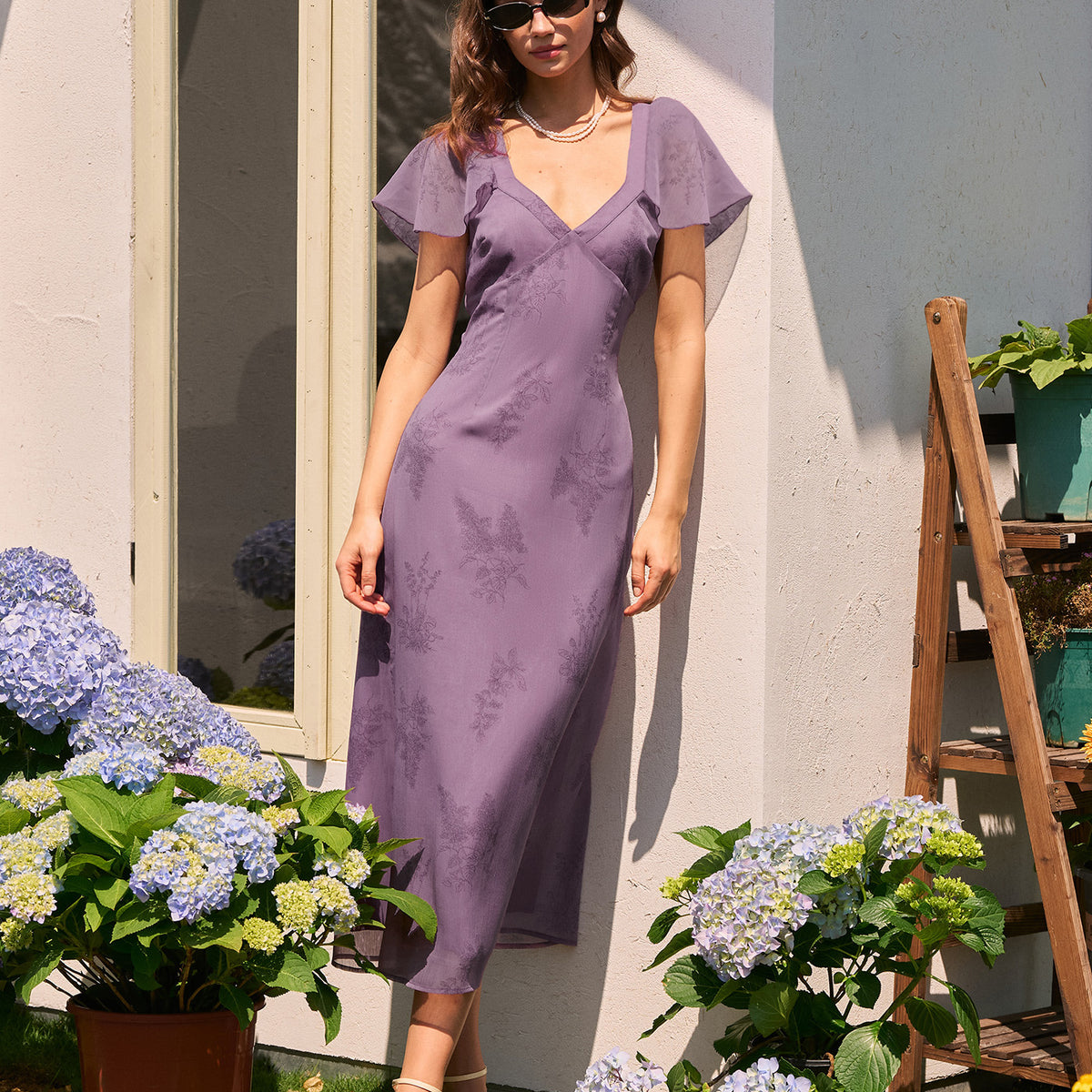 Purple V Neck Butterfly Sleeve Floral Midi Dress & Reviews - Purple - Dresses