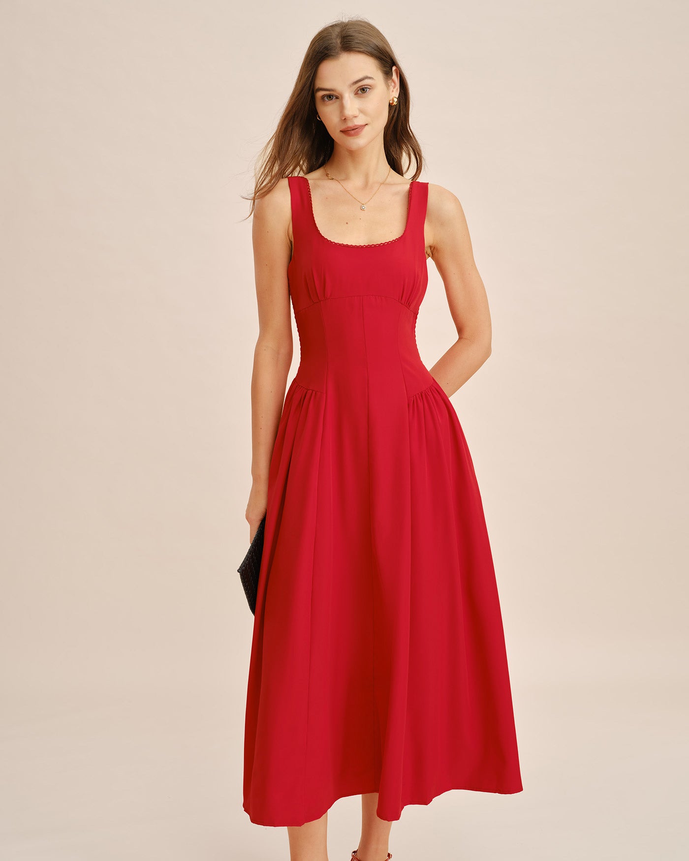 Women's Woven Polyester Midi Dress Red Dresses - RIHOAS