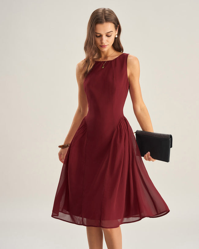 Women's Woven Polyester Midi Dress Wine Red Dresses - RIHOAS