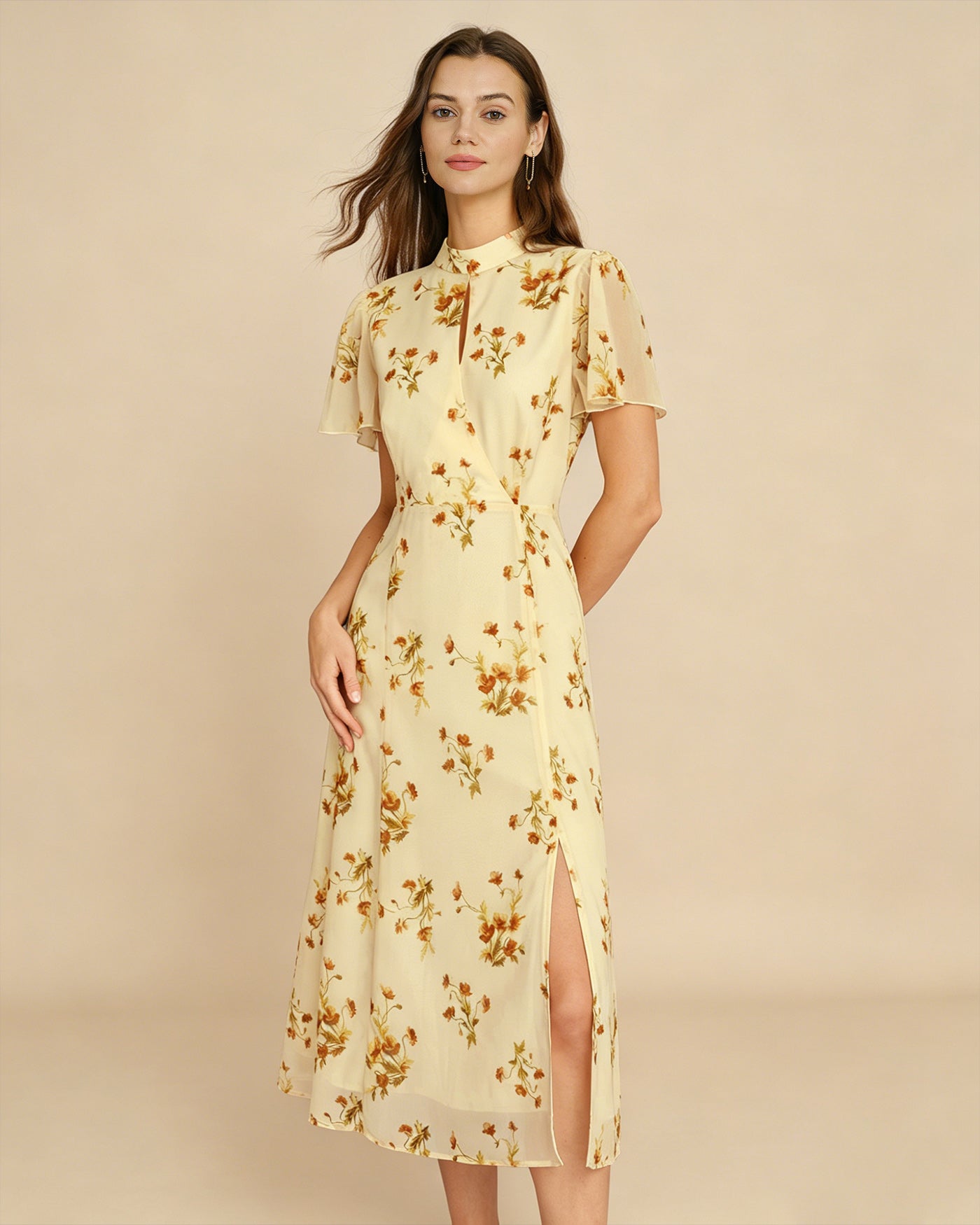 Women's Woven Polyester Midi Dress Yellow Dresses - RIHOAS