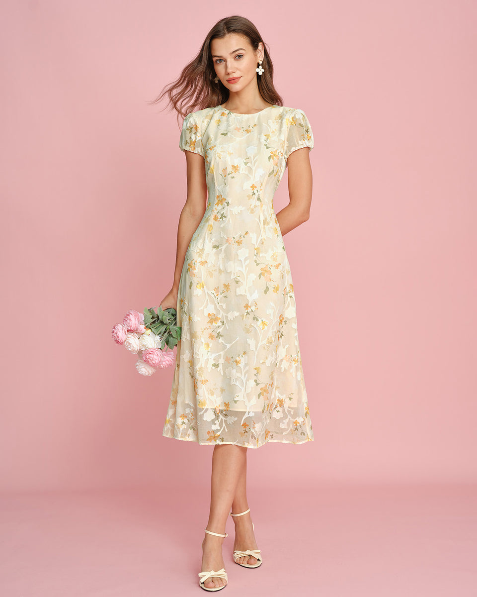 Yellow Puffed Sleeve Jacquard Midi Dress & Reviews - Yellow - Dresses