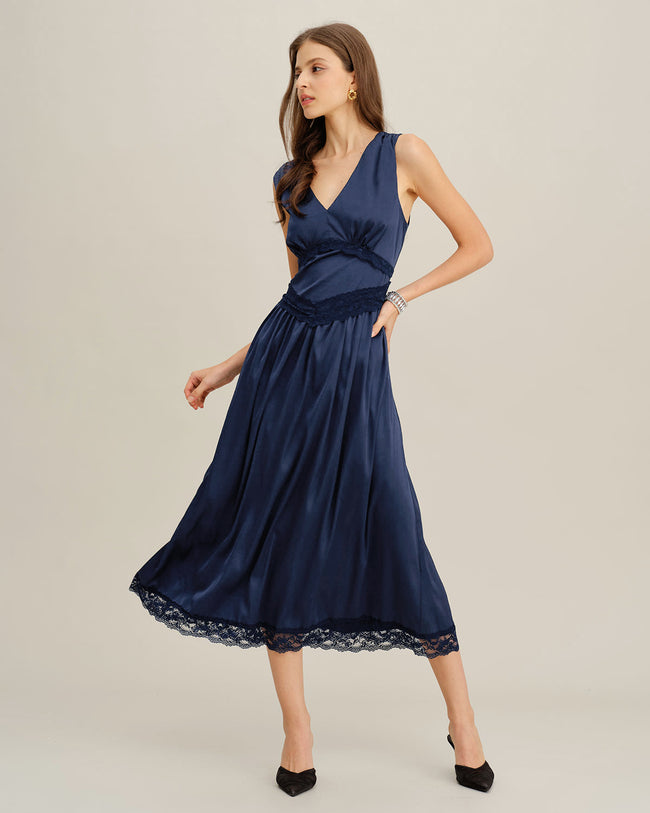 Women's Woven Polyester Midi Dresses Blue Dresses - RIHOAS