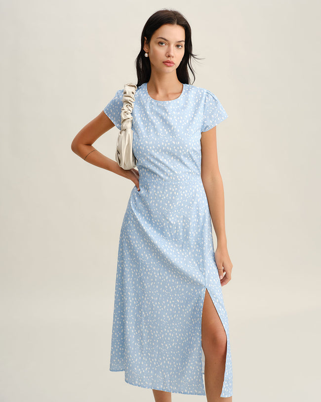 Women's Woven Polyester Midi Dresses Blue Dresses - RIHOAS