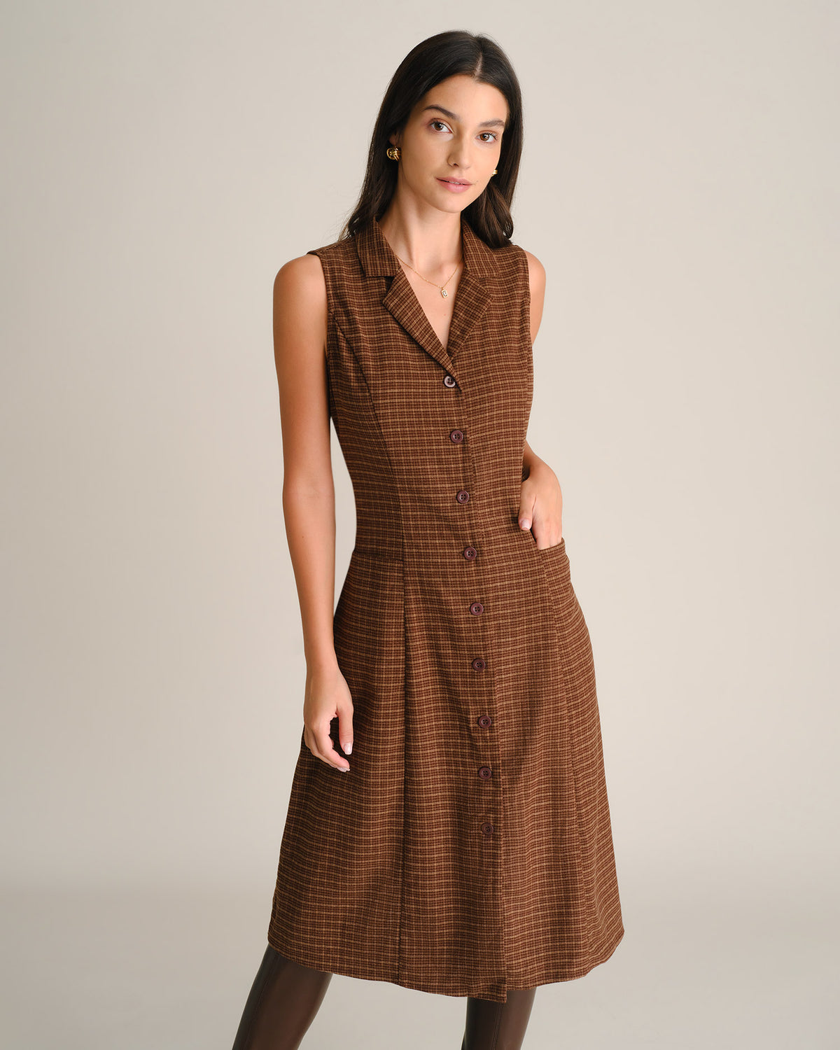 Women's Woven Polyester Midi Dresses Brown - RIHOAS