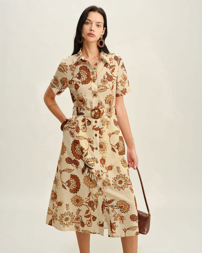 Women's Woven Polyester Midi Dresses Brown Dresses - RIHOAS