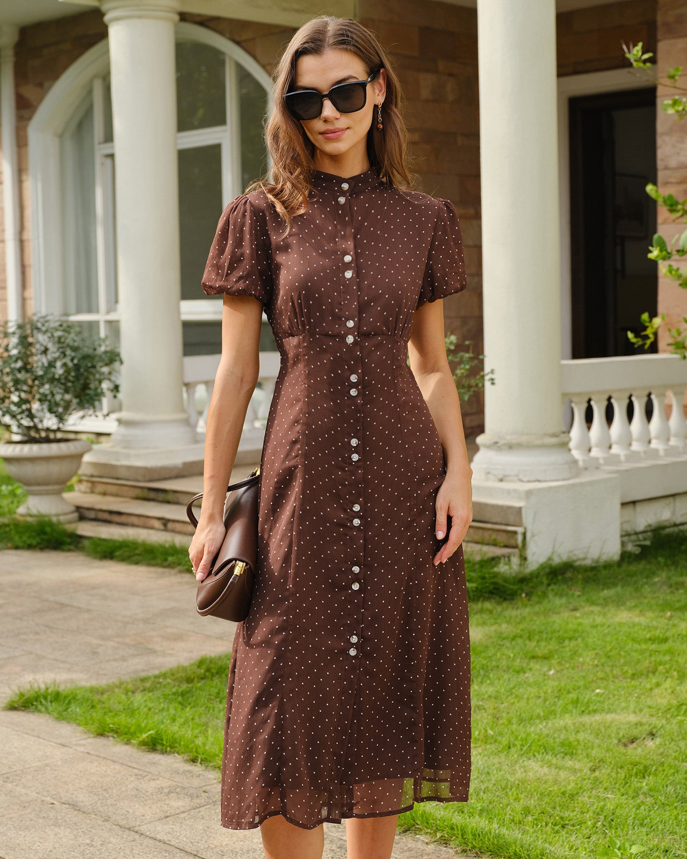 Brown Polka Dot Chiffon Midi Dress 01