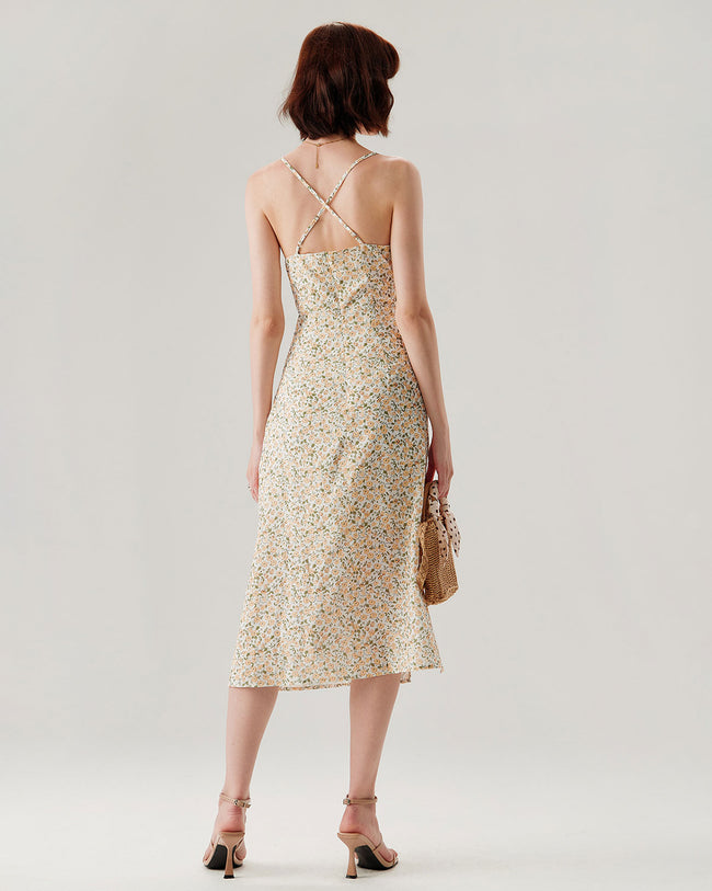 Yellow Floral Ruched Slip Midi Dress - RIHOAS