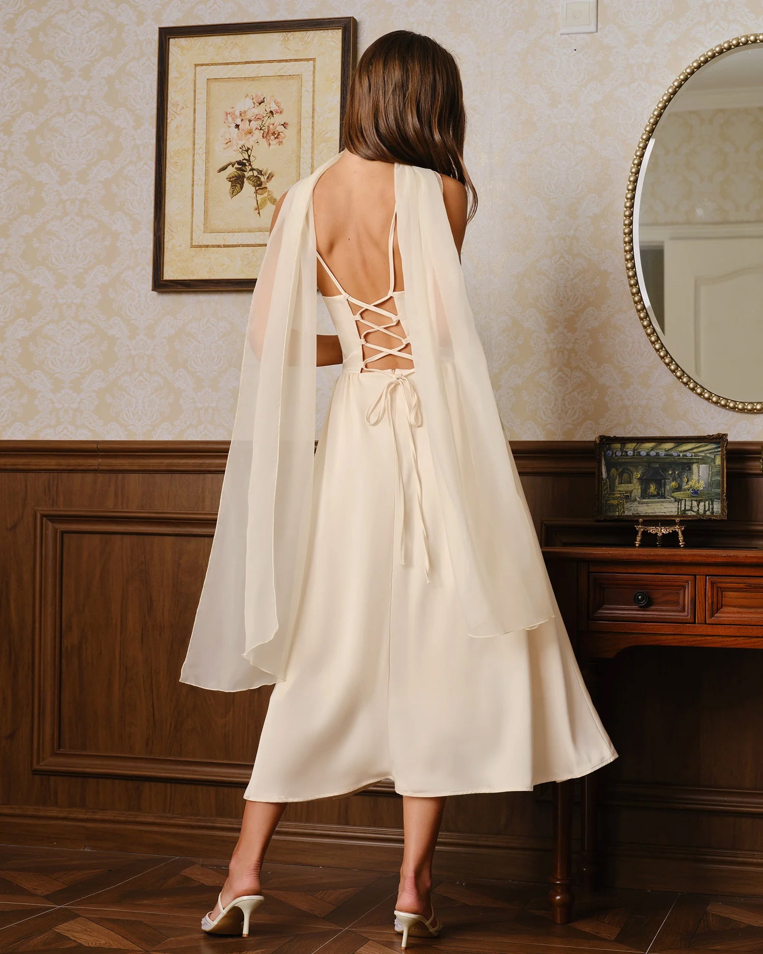 Apricot Flowy Slip Chiffon Midi Dress - RIHOAS - 04