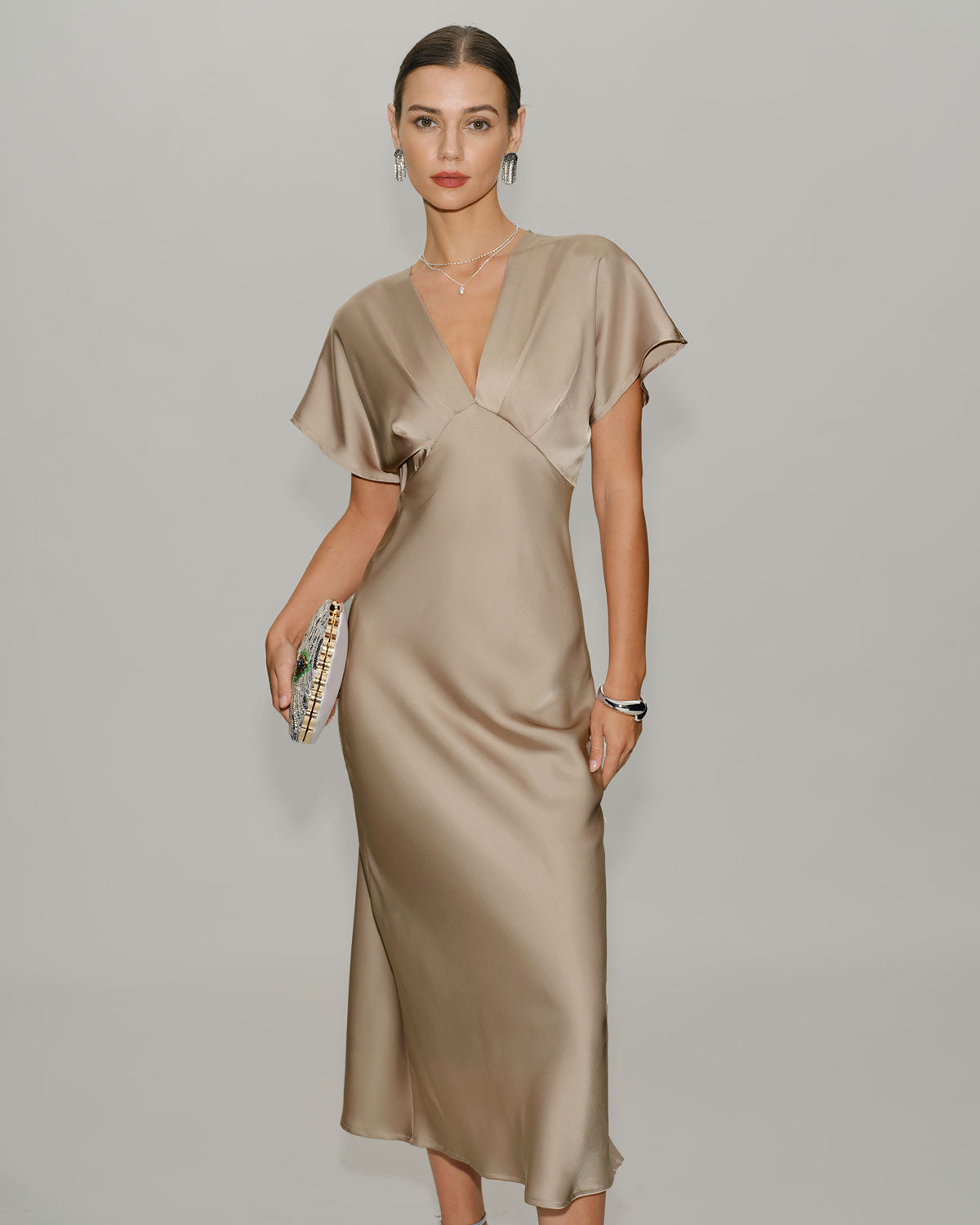 Apricot Satin V Neck A-Line Midi Dress Apricot - RIHOAS