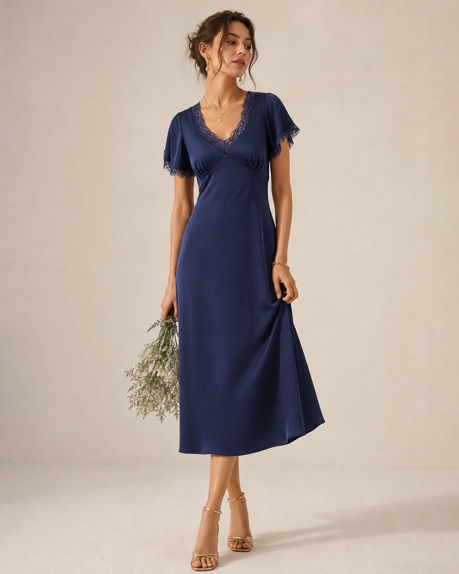 Navy V Neck Lace Satin Midi Dress Navy - RIHOAS