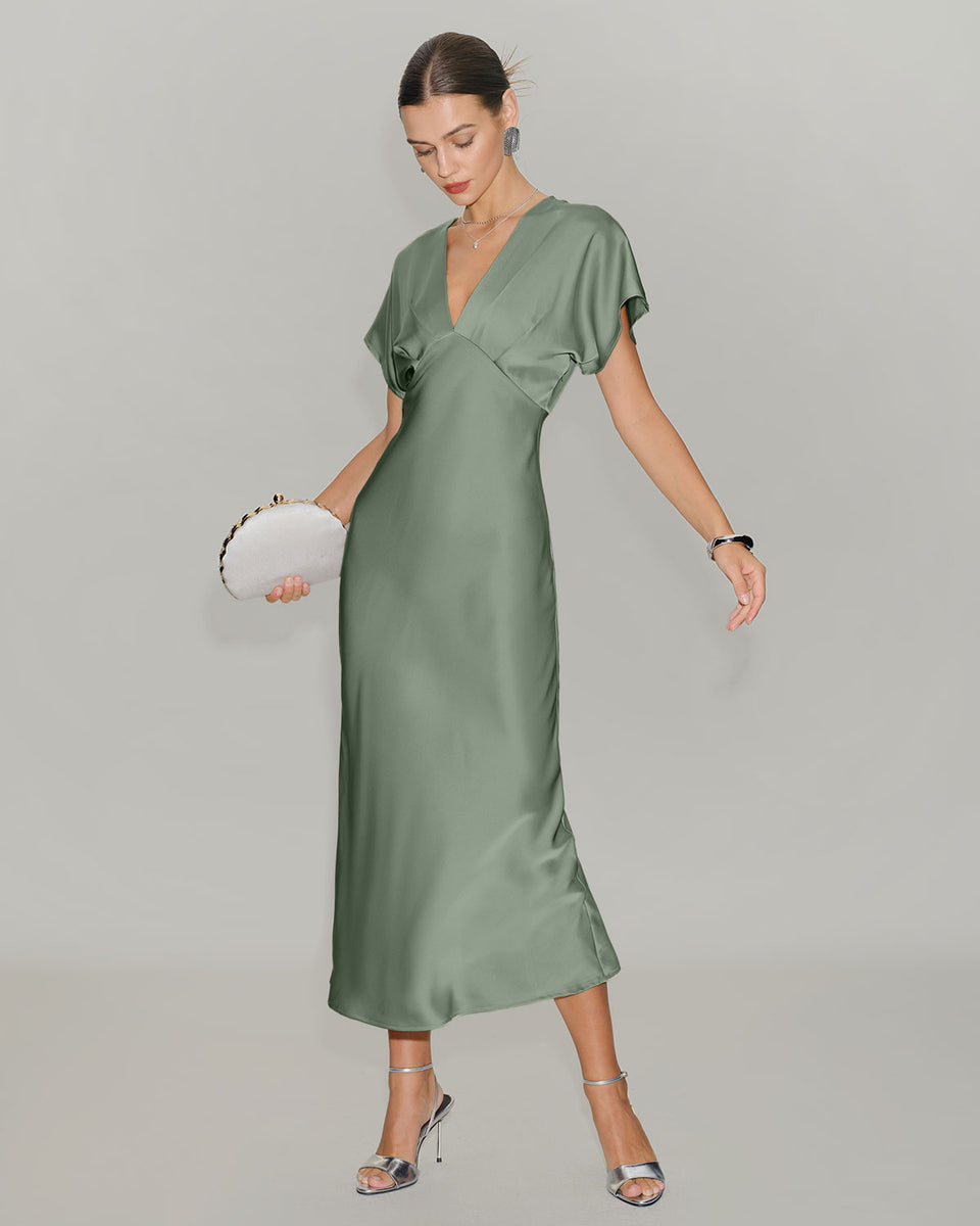Green Satin V Neck A-Line Midi Dress & Reviews - Green - Dresses